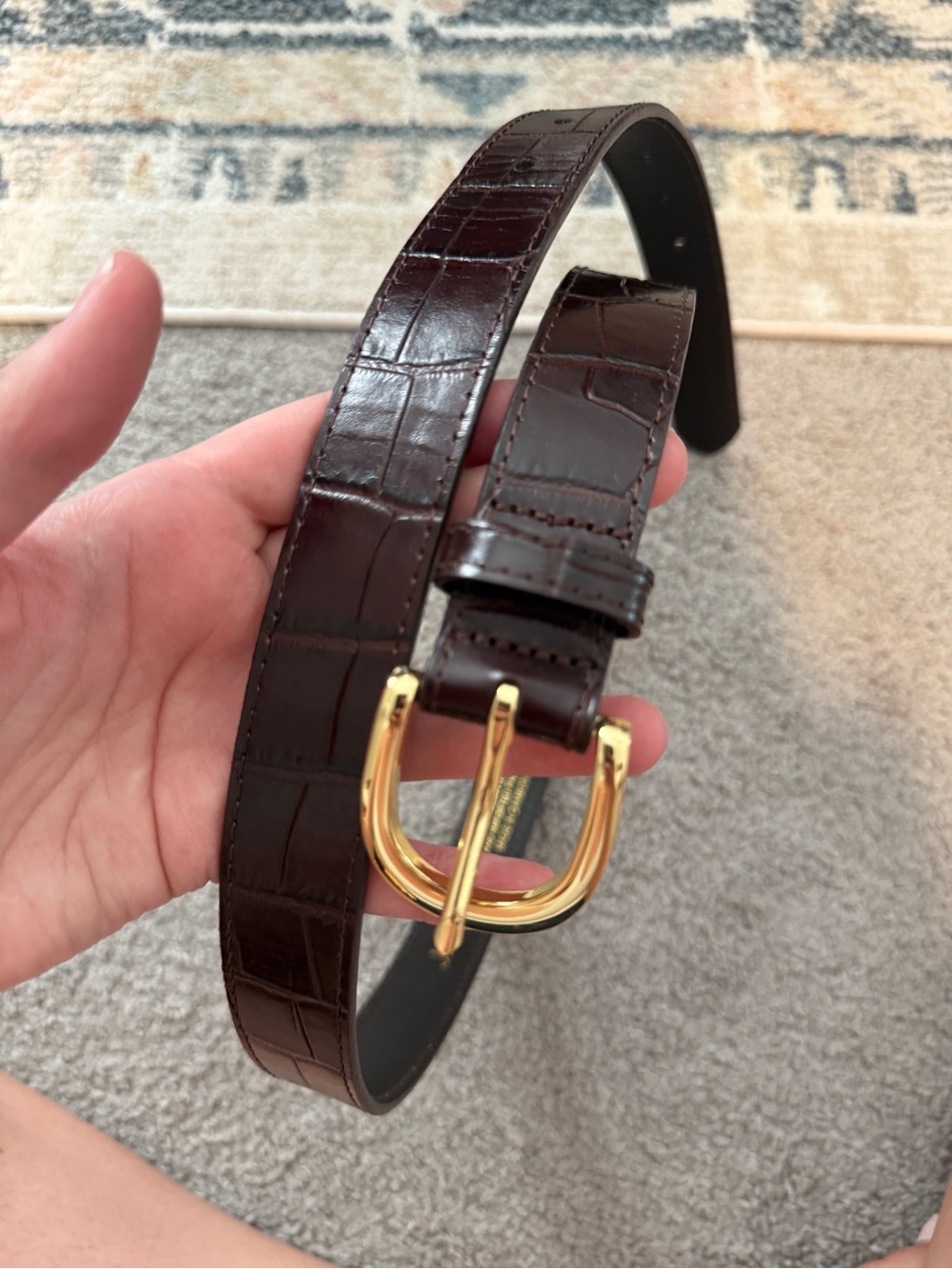 J. Crew Women's Croc-Embossed Leather Belt in Dark Brown with Gold Buckle